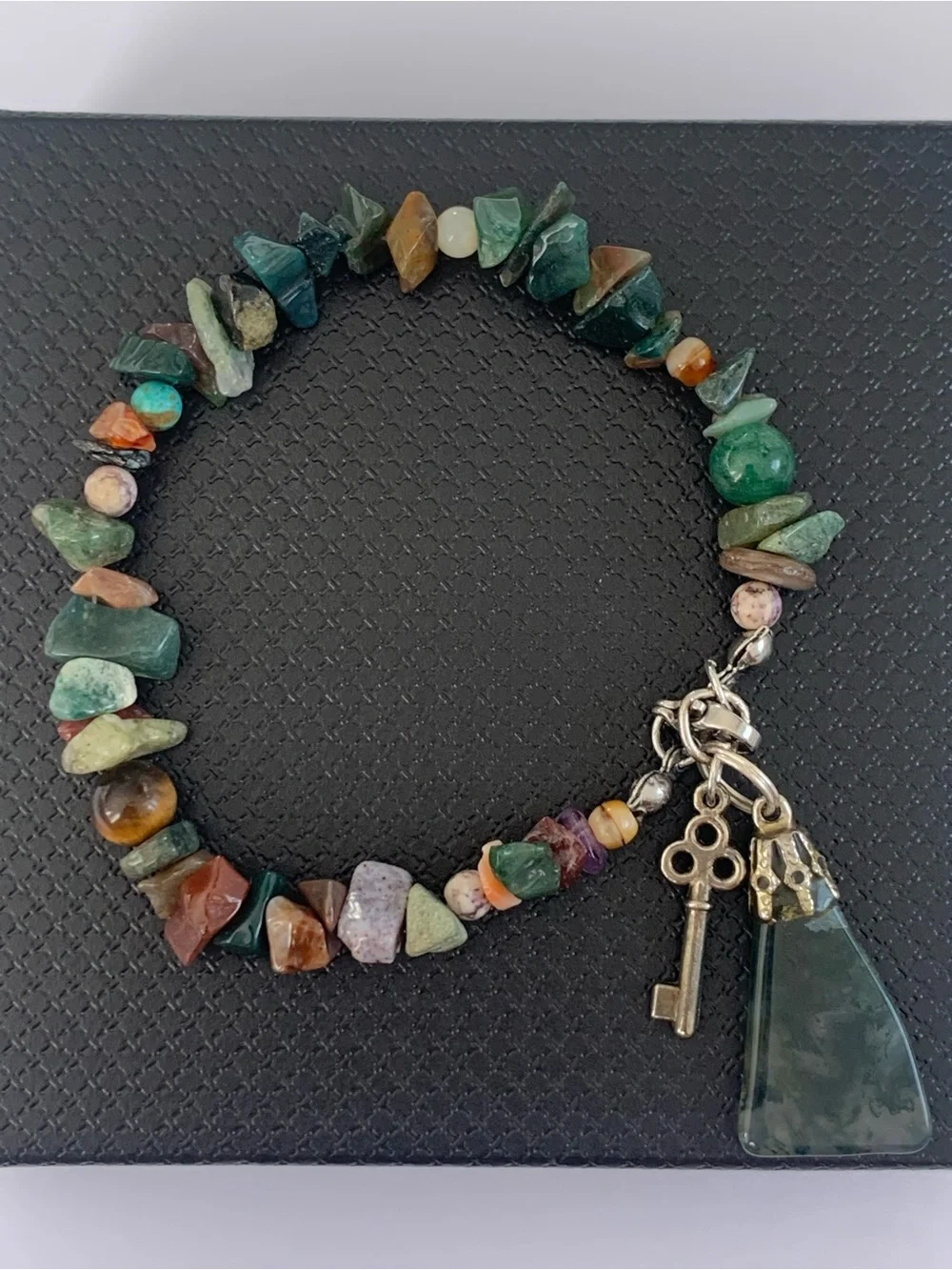 Multicolor Beaded Gemstone Charm Bracelet with Moss Agate Pendant